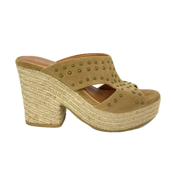 Mi.iM‎ Sandals Womens Sz 6.5 Beige Studded Suede Leather Slide On Espadrille - Picture 2 of 8